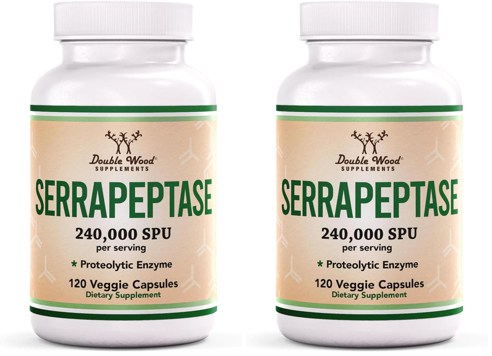 Double Wood Serrapeptase bottle front view showing 240,000 SPU potency for daily support.