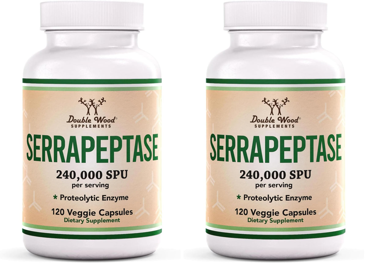 Double Wood Serrapeptase bottle front view showing 240,000 SPU potency for daily support.