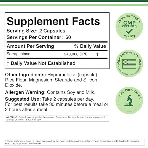 Double Wood Serrapeptase bottle label displays non-GMO and gluten-free attributes.
