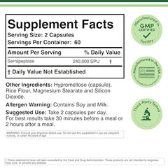 Double Wood Serrapeptase bottle label displays non-GMO and gluten-free attributes.