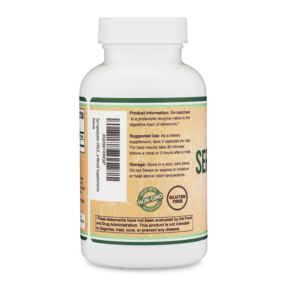 Double Wood Serrapeptase bottle top view showing secure cap and branding.