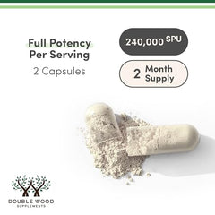 Double Wood Serrapeptase two-capsule serving illustrating daily dosage option.
