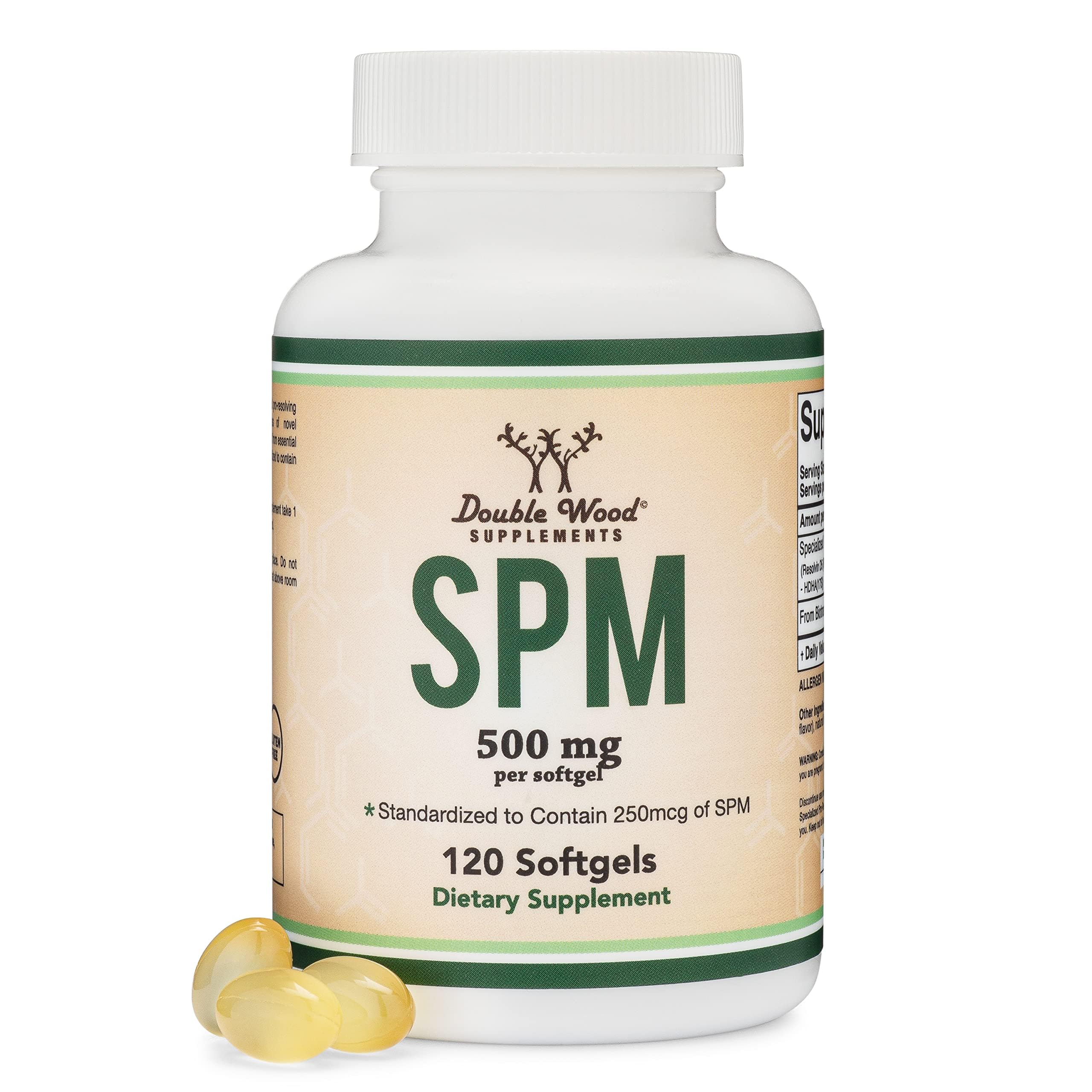Double Wood SPM Max softgel bottle showcasing standardized mediators for daily wellness