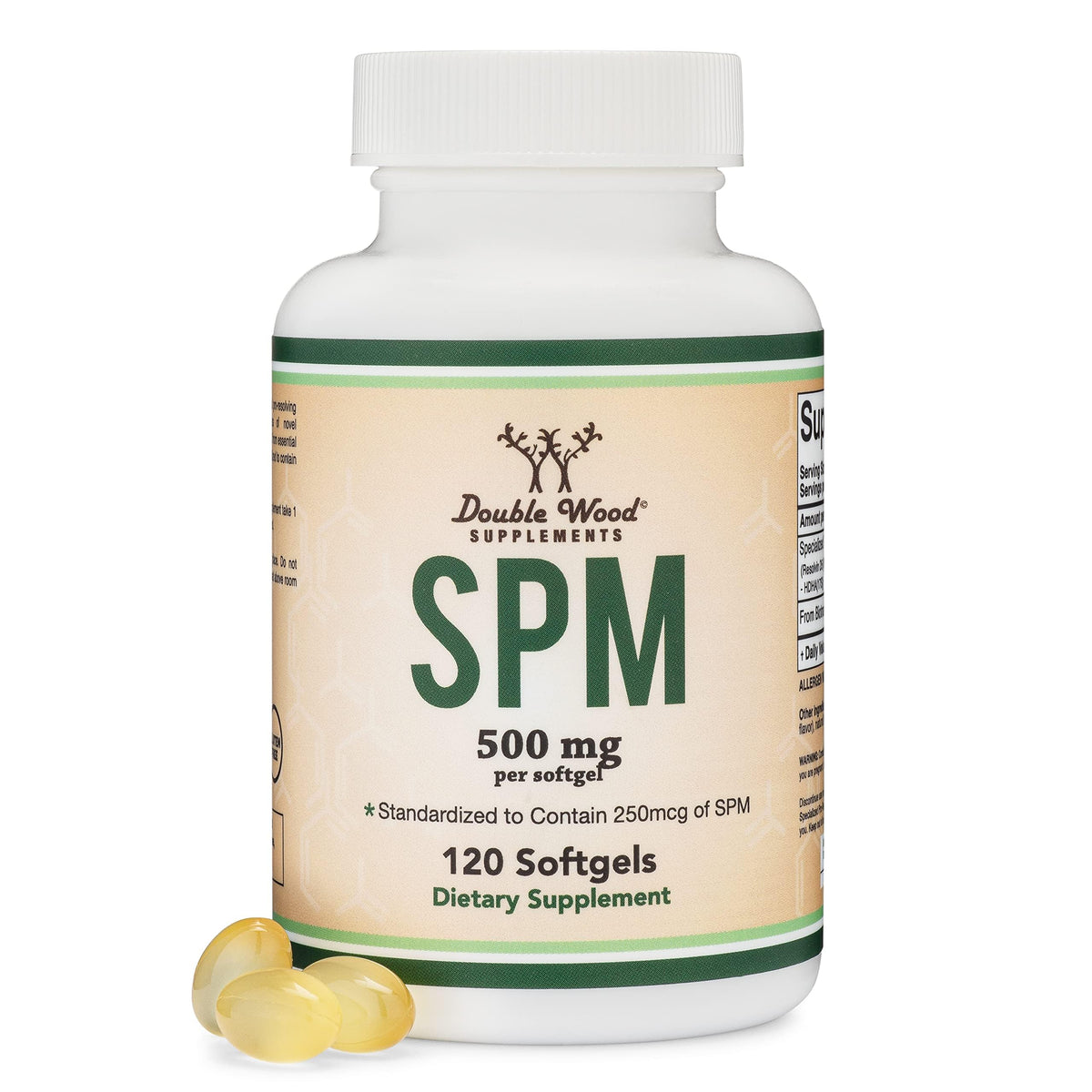 Double Wood SPM Max softgel bottle showcasing standardized mediators for daily wellness