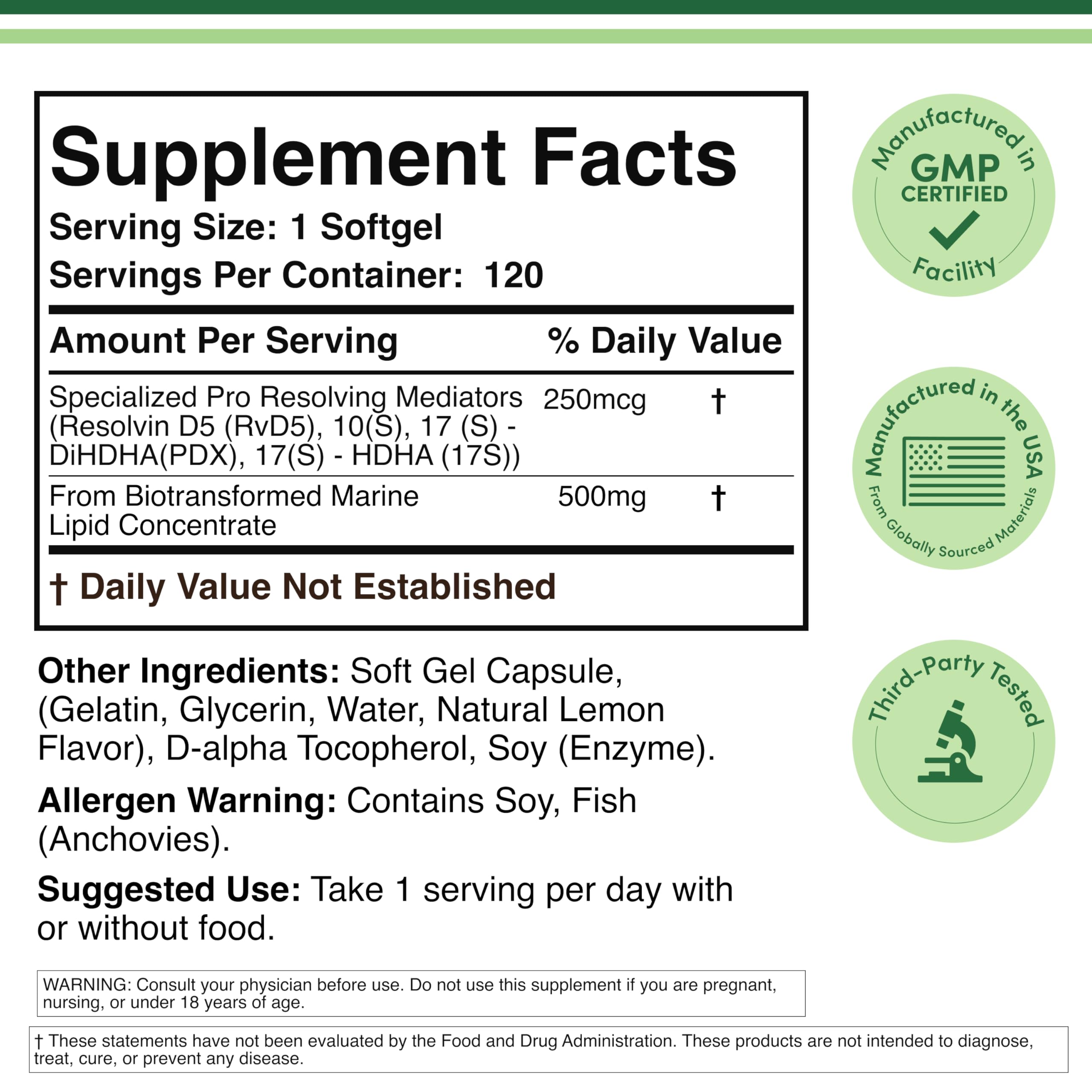 Double Wood SPM Max supplement facts panel highlights 250 mcg of specialized mediators