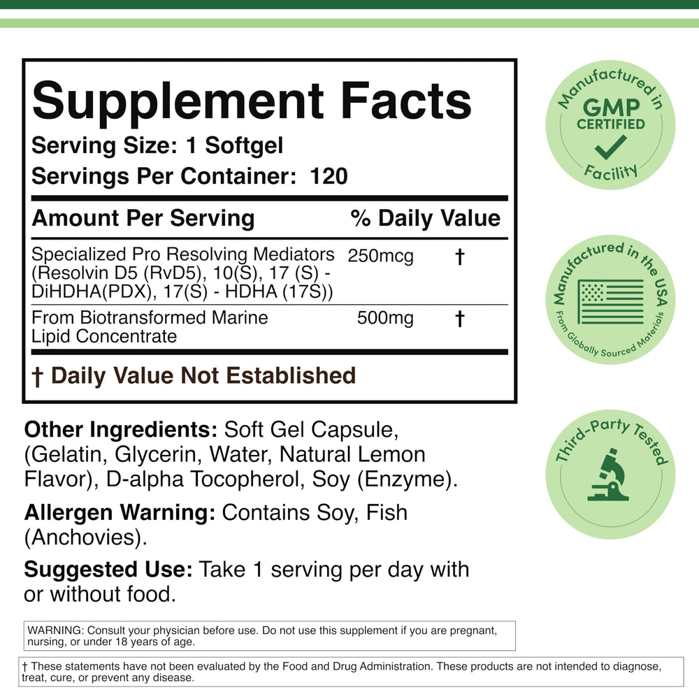 Double Wood SPM Max supplement facts panel highlights 250 mcg of specialized mediators
