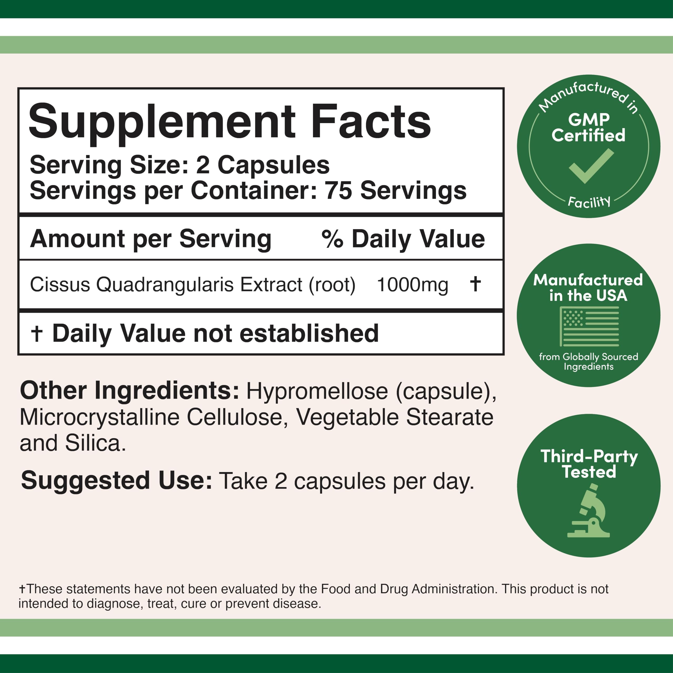 Close-up of Double Wood Cissus capsules highlighting 1000mg serving.