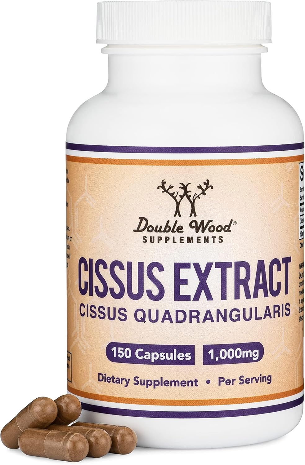 Double Wood Cissus bottle showing 150 capsules for joint support.