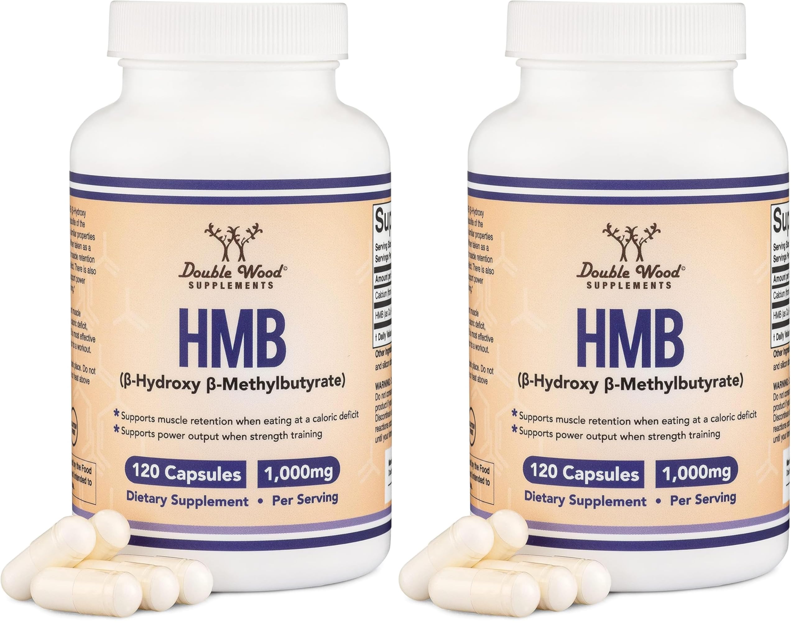 Double Wood HMB bottle with capsules signals daily workout support.