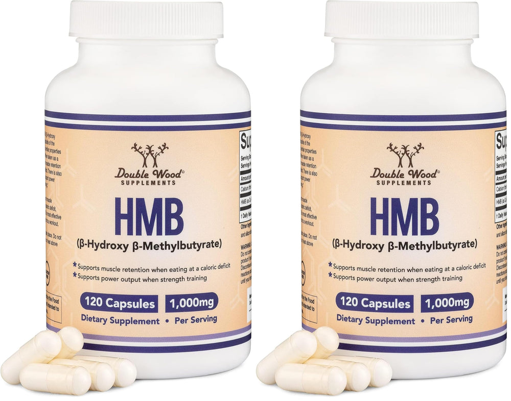 Double Wood HMB bottle with capsules signals daily workout support.