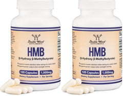 Double Wood HMB bottle with capsules signals daily workout support.