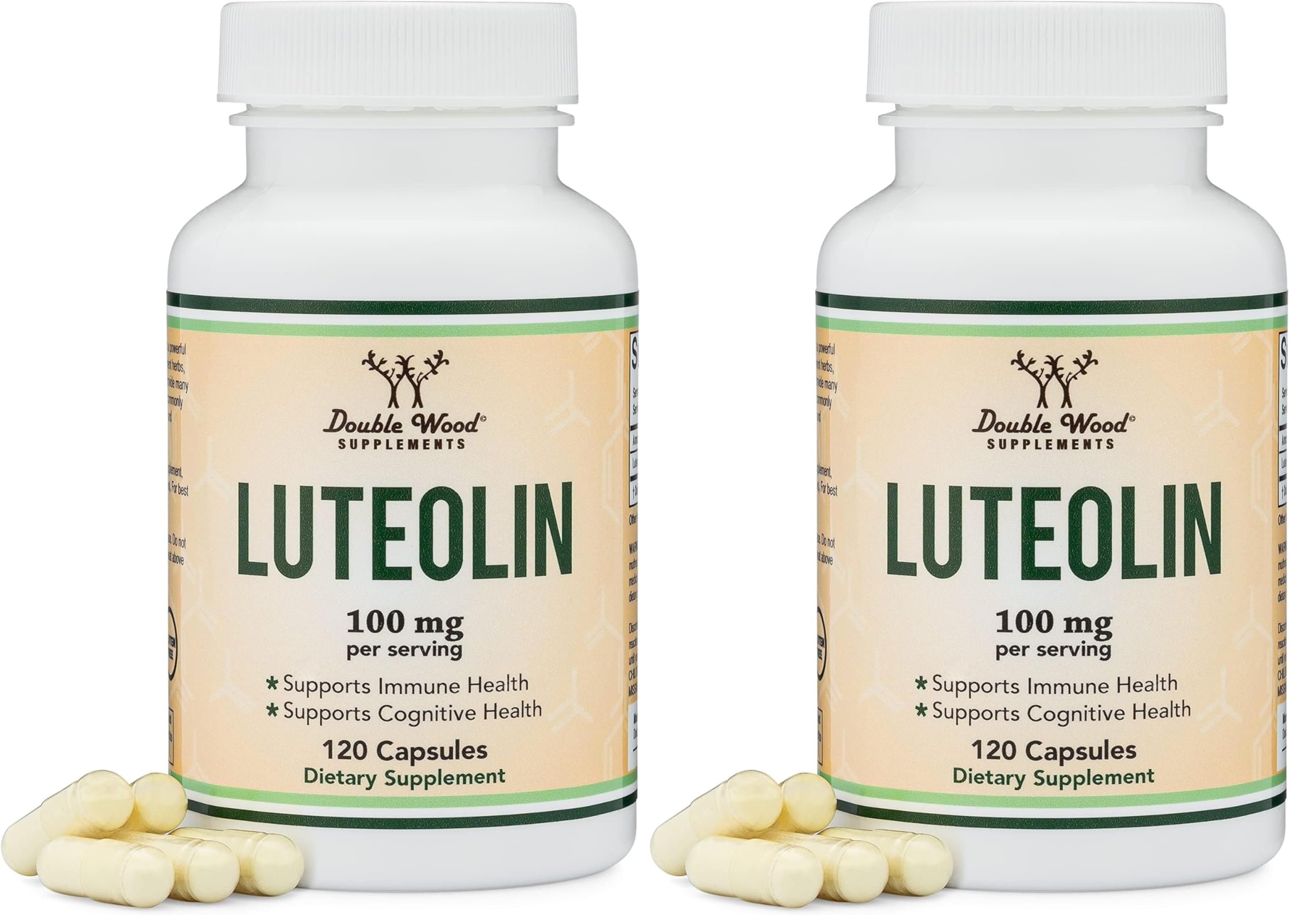 Double Wood luteolin bottle front view for daily brain and heart support.
