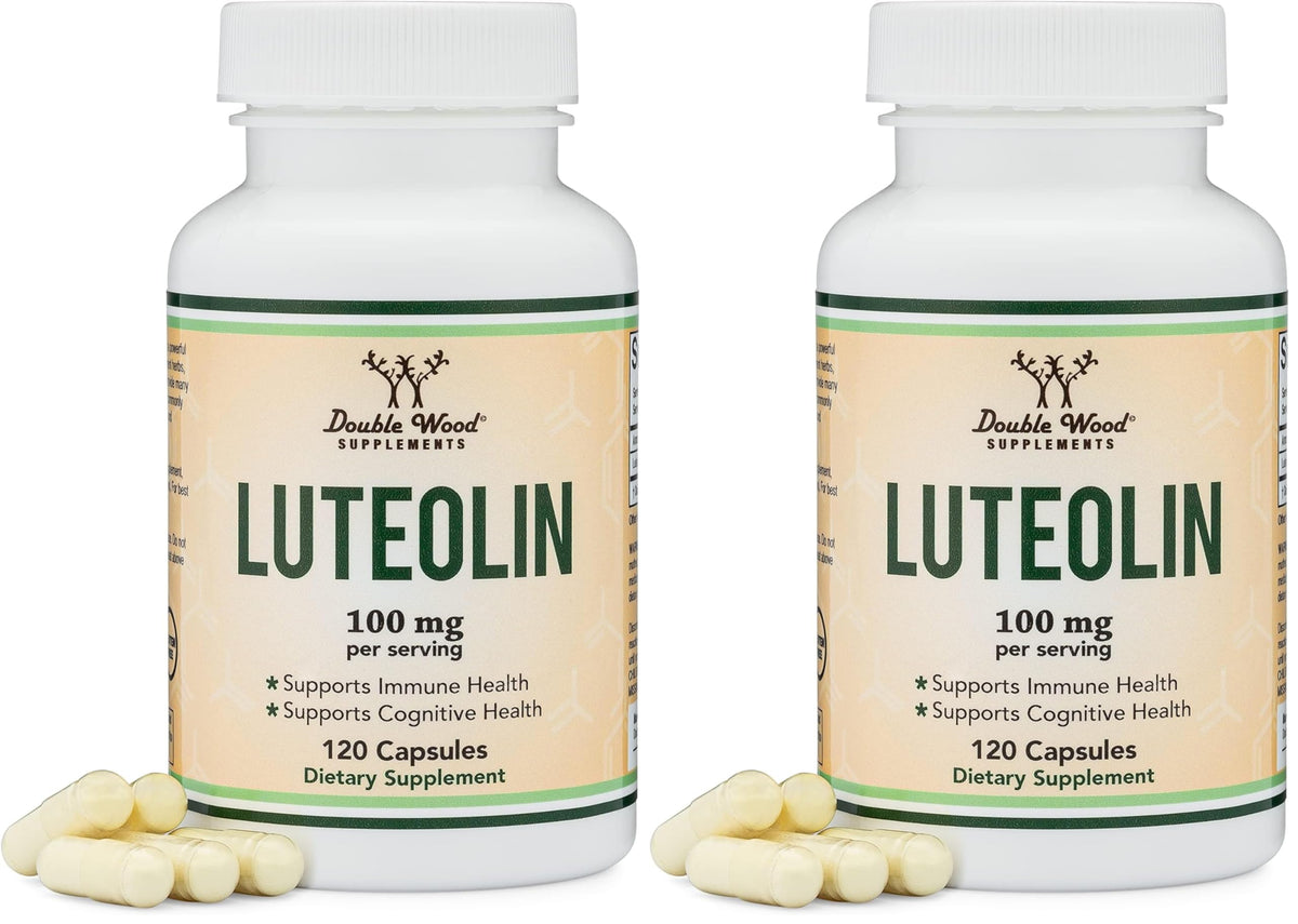 Double Wood luteolin bottle front view for daily brain and heart support.