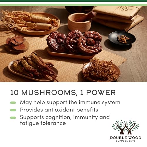 Double Wood Mushroom Complex ingredient mushrooms graphic displays ten mushroom types.