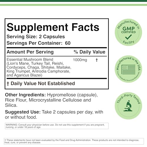 Double Wood Mushroom Complex label close-up highlights 120 capsules and 1,000 mg per serving.
