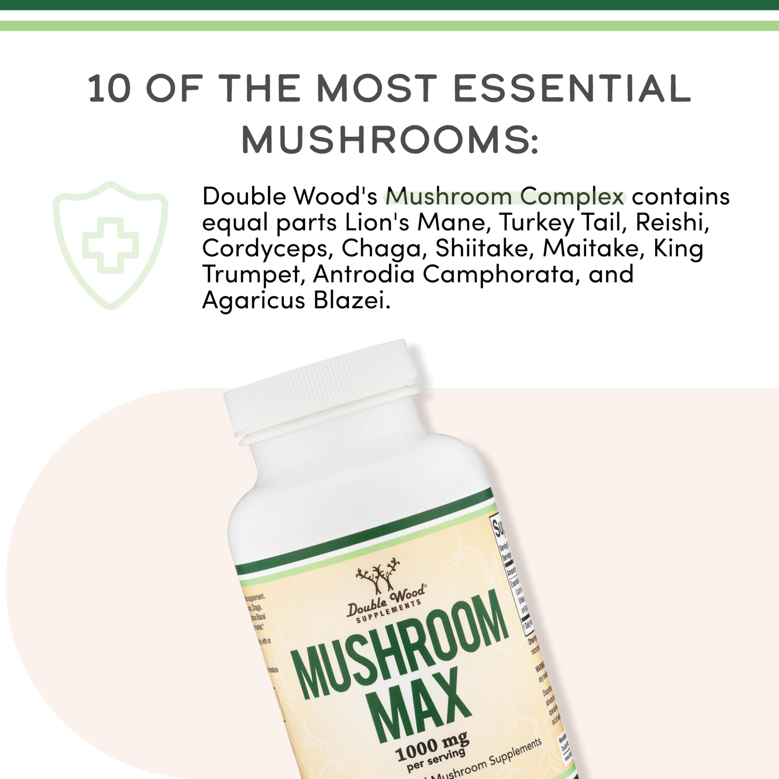 Double Wood Supplements Mushroom Complex made in USA seal signals quality.
