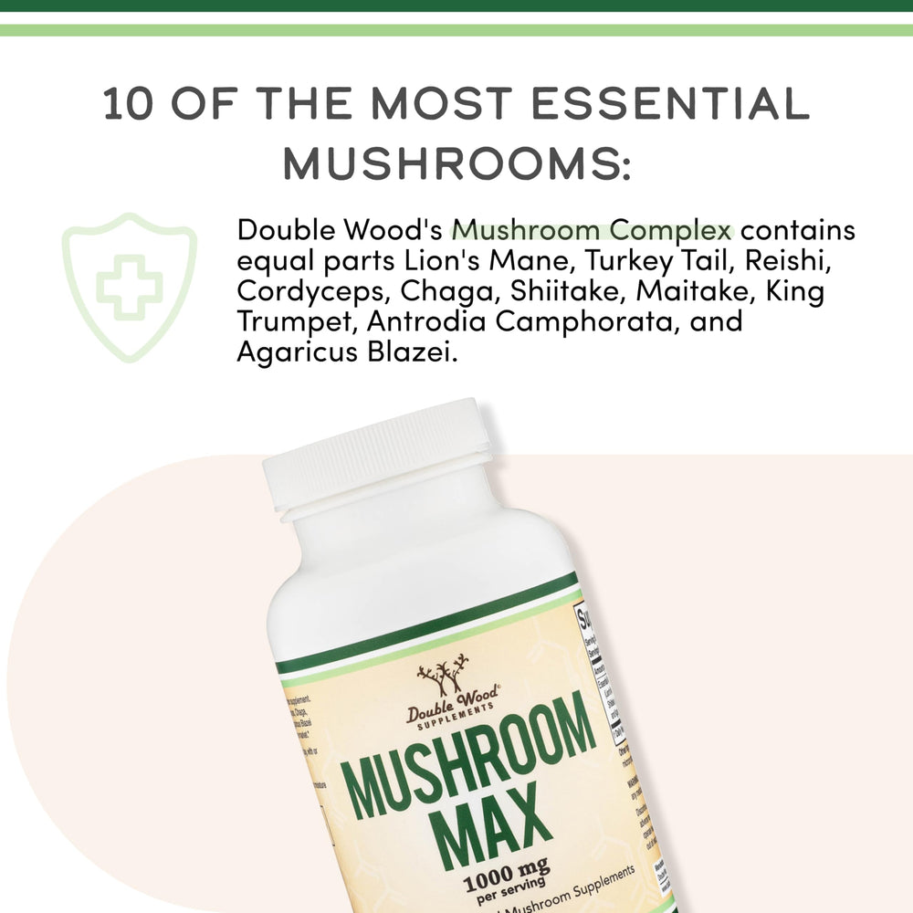 Double Wood Supplements Mushroom Complex made in USA seal signals quality.