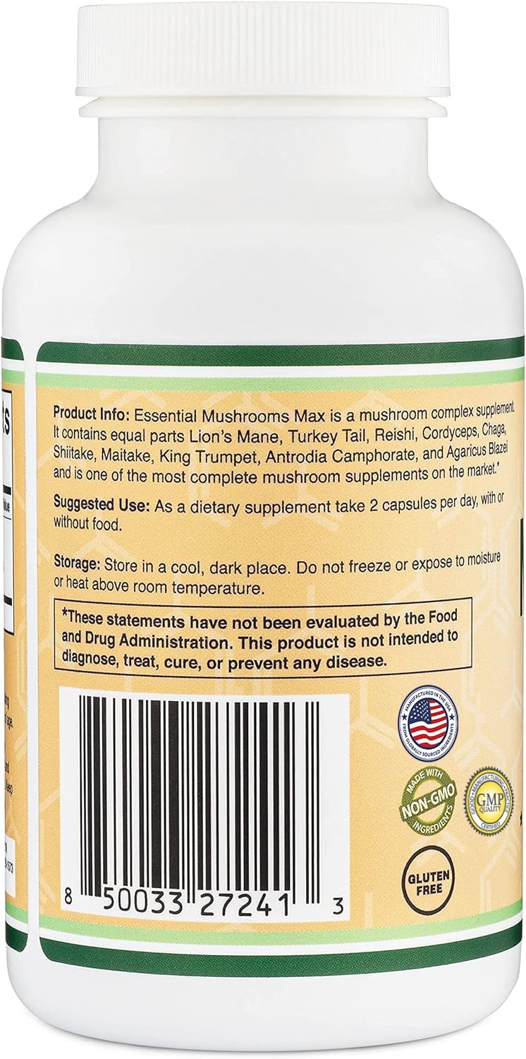 Double Wood Mushroom Complex vegan safe gluten-free icon confirms dietary compatibility.