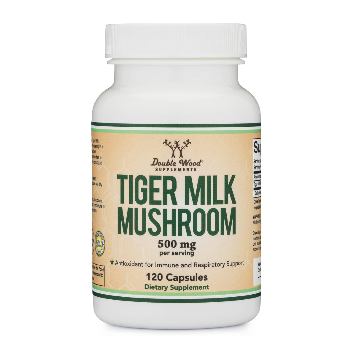 Double Wood Tigers Milk Mushroom bottle front showing 60 servings for immune and respiratory support
