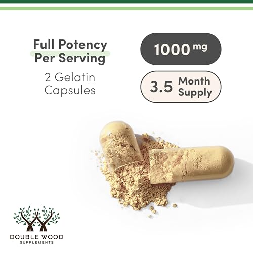 Closeup of Double Wood Tribulus Terrestris capsules highlighting 1,000 mg potency.