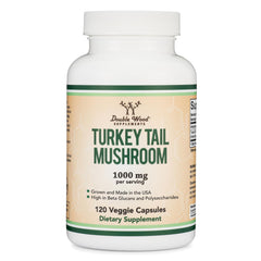 Double Wood Turkey Tail bottle with capsules signals potential immune support