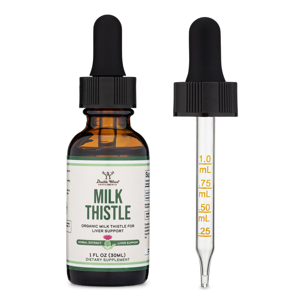 Vegan-safe badge visible on Double Wood Milk Thistle bottle.