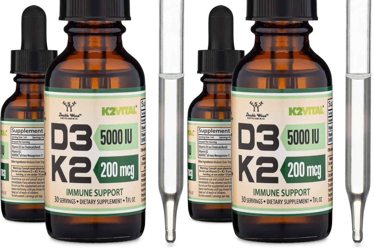 Double Wood Vitamin D3 K2 liquid drops bottle for daily wellness support.