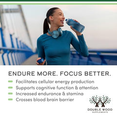 Closeup of Double Wood ALCAR capsules for cognitive function and endurance