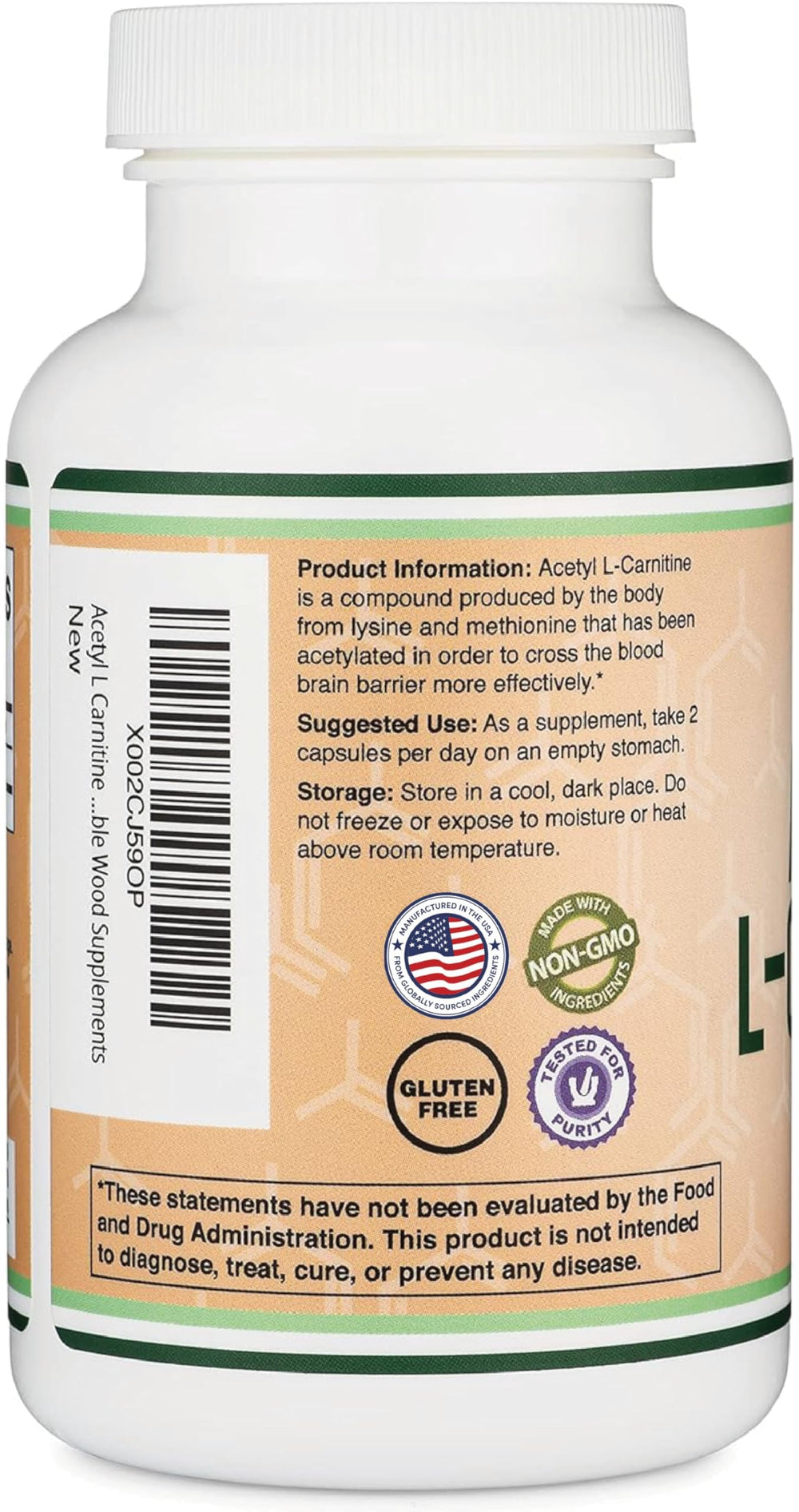Made in USA badge on Double Wood Acetyl L-Carnitine bottle for quality