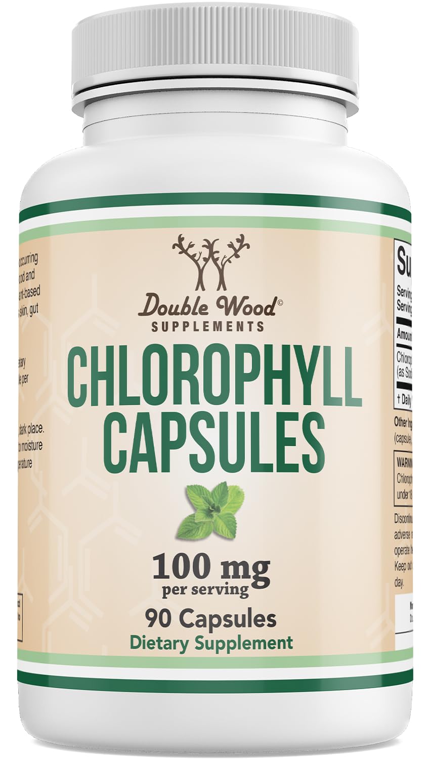 Double Wood Chlorophyll capsules bottle showing 100 mg per serving for daily wellness