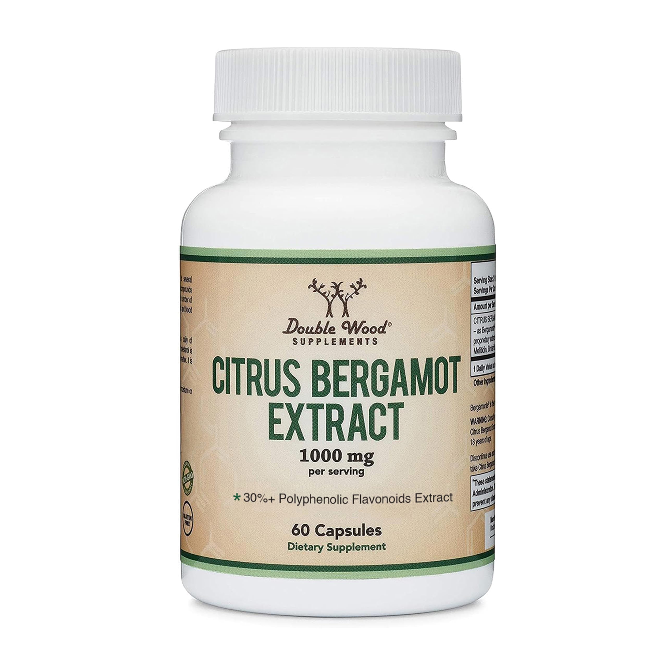 Double Wood Citrus Bergamot bottle label showing 1000mg per serving for daily cardiovascular support