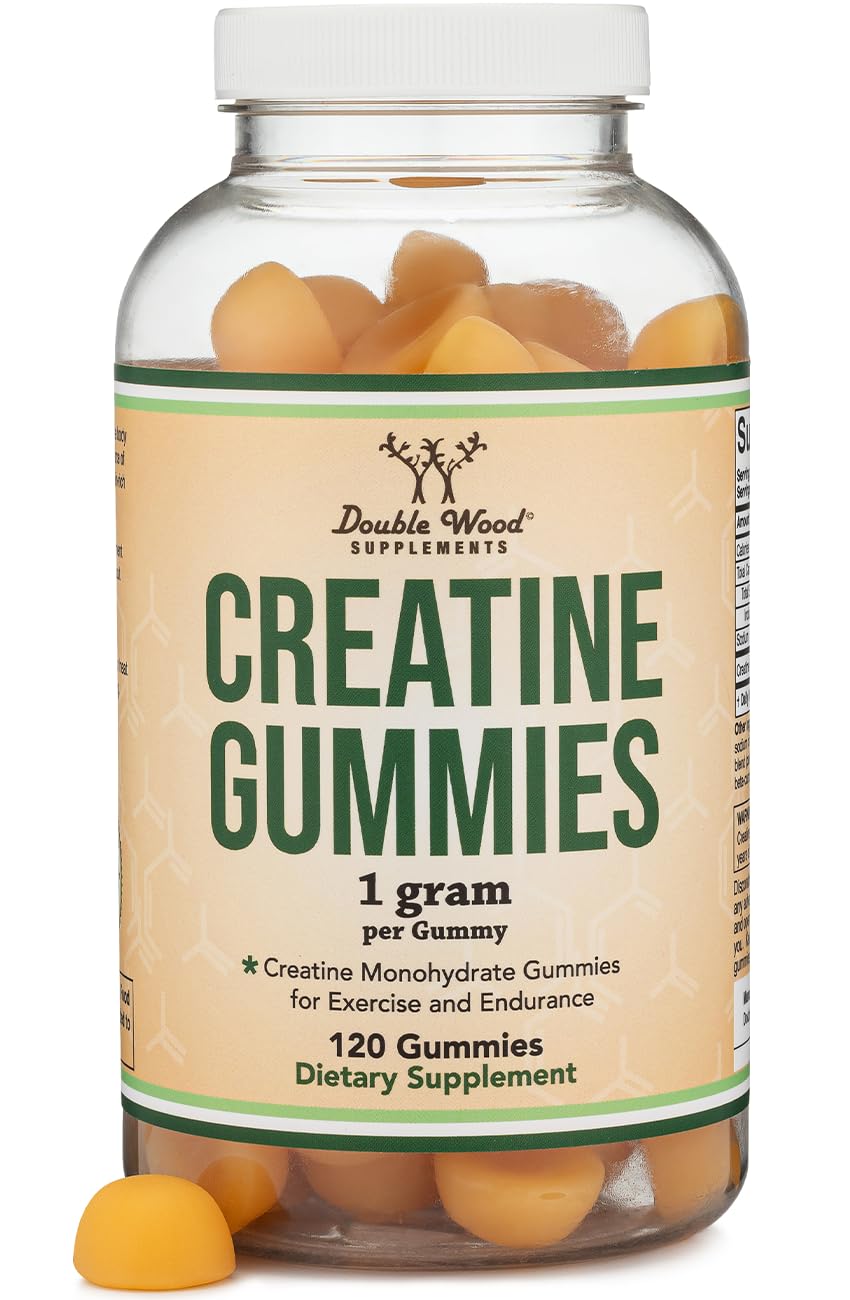 Double Wood Creatine Monohydrate Gummies bottle closeup showing vegan and gluten-free formula for daily use