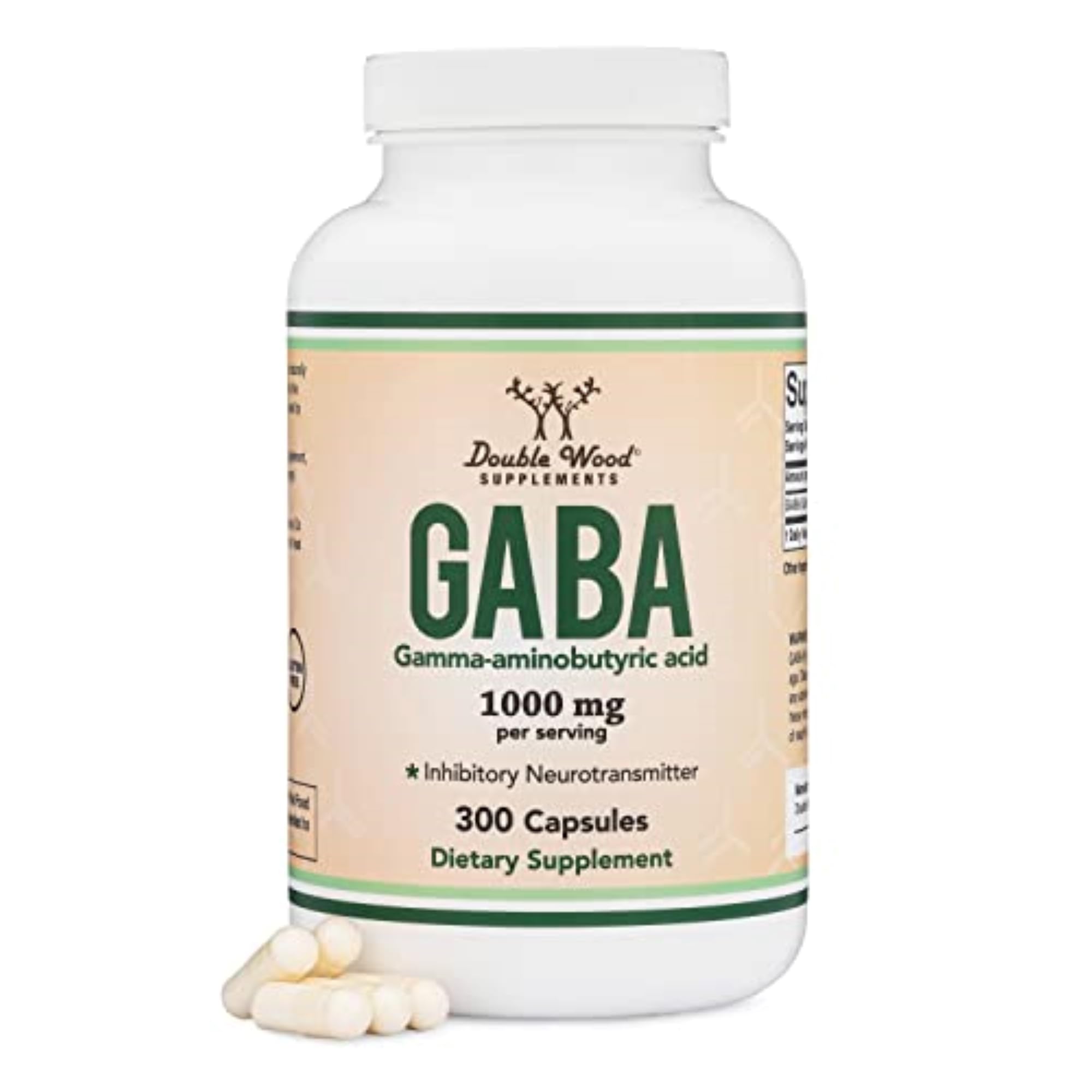 Double Wood GABA bottle front view highlighting calm support and sleep-ready formulation.