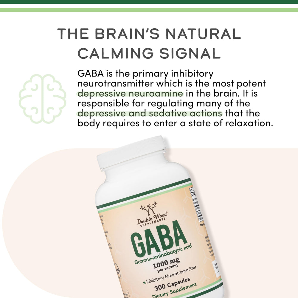 Bottle being poured with Double Wood GABA illustrating easy daily dosing.
