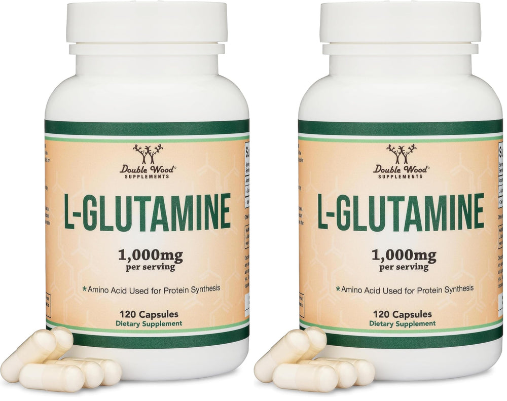 Double Wood L-Glutamine capsules bottle front highlights non-GMO and keto-friendly formula.