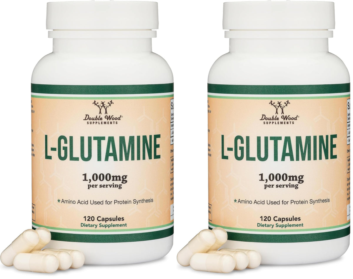 Double Wood L-Glutamine capsules bottle front highlights non-GMO and keto-friendly formula.