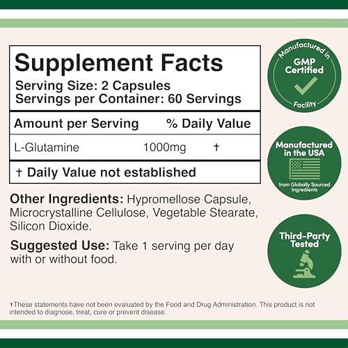Double Wood L-Glutamine capsules nutrition label view confirms 1000mg servings for gut support.