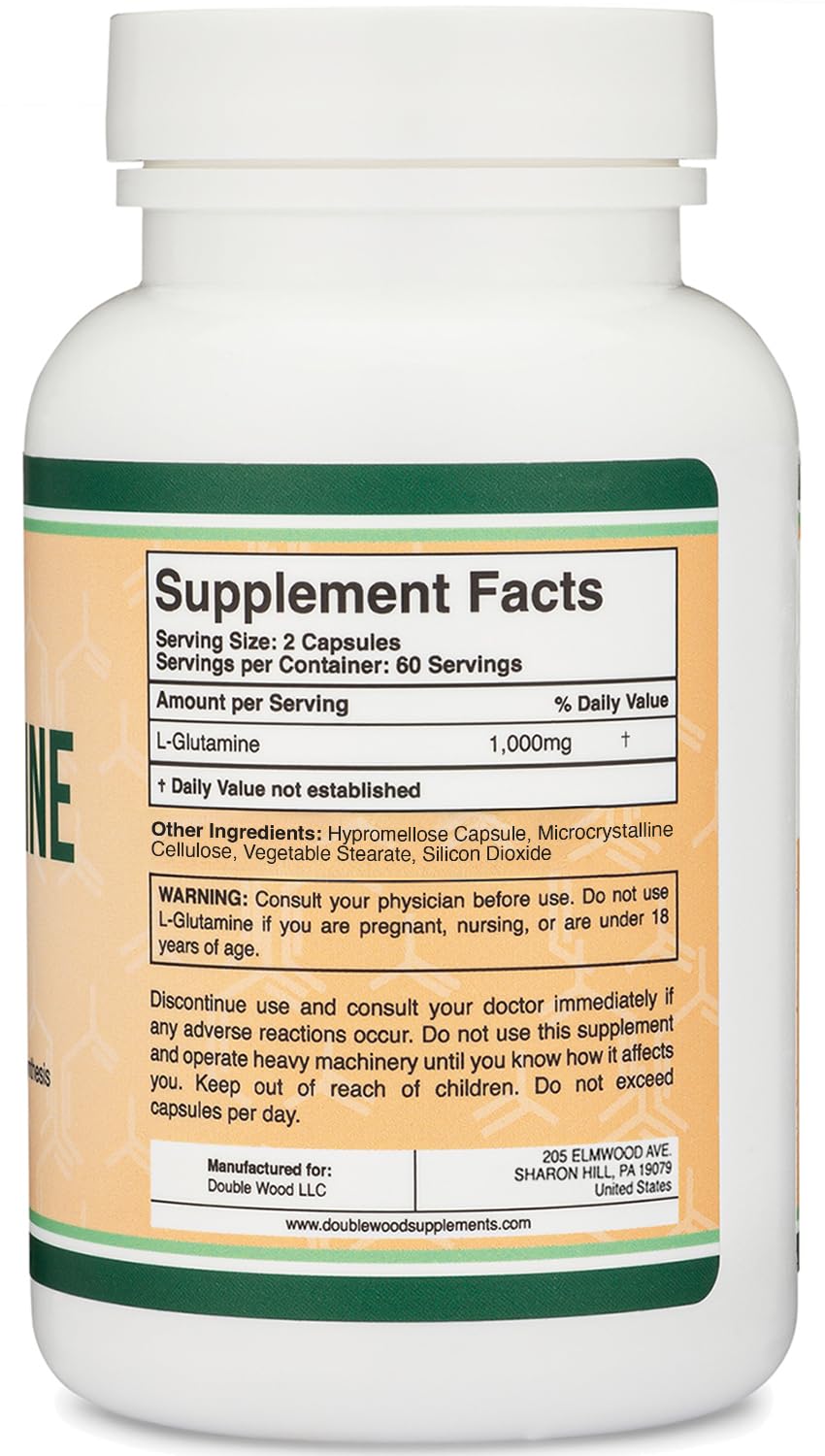 Double Wood L-Glutamine capsules pack-two view emphasizes two-month supply option.