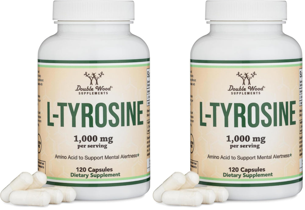 Double Wood L-Tyrosine bottle front view with 120 vegan capsules for memory and focus