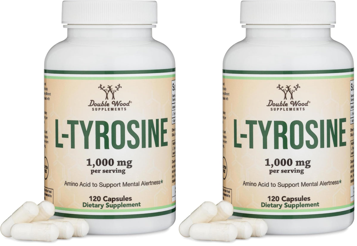 Double Wood L-Tyrosine bottle front view with 120 vegan capsules for memory and focus