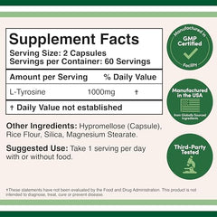 Close-up of L-Tyrosine capsules highlighting vegetarian composition for mindful dosing