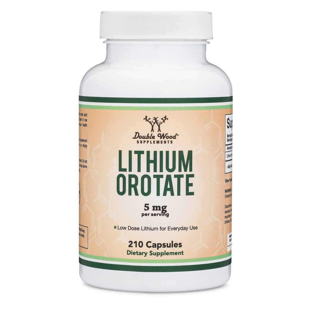 Double Wood Lithium Orotate box packaging highlights seven-month supply.