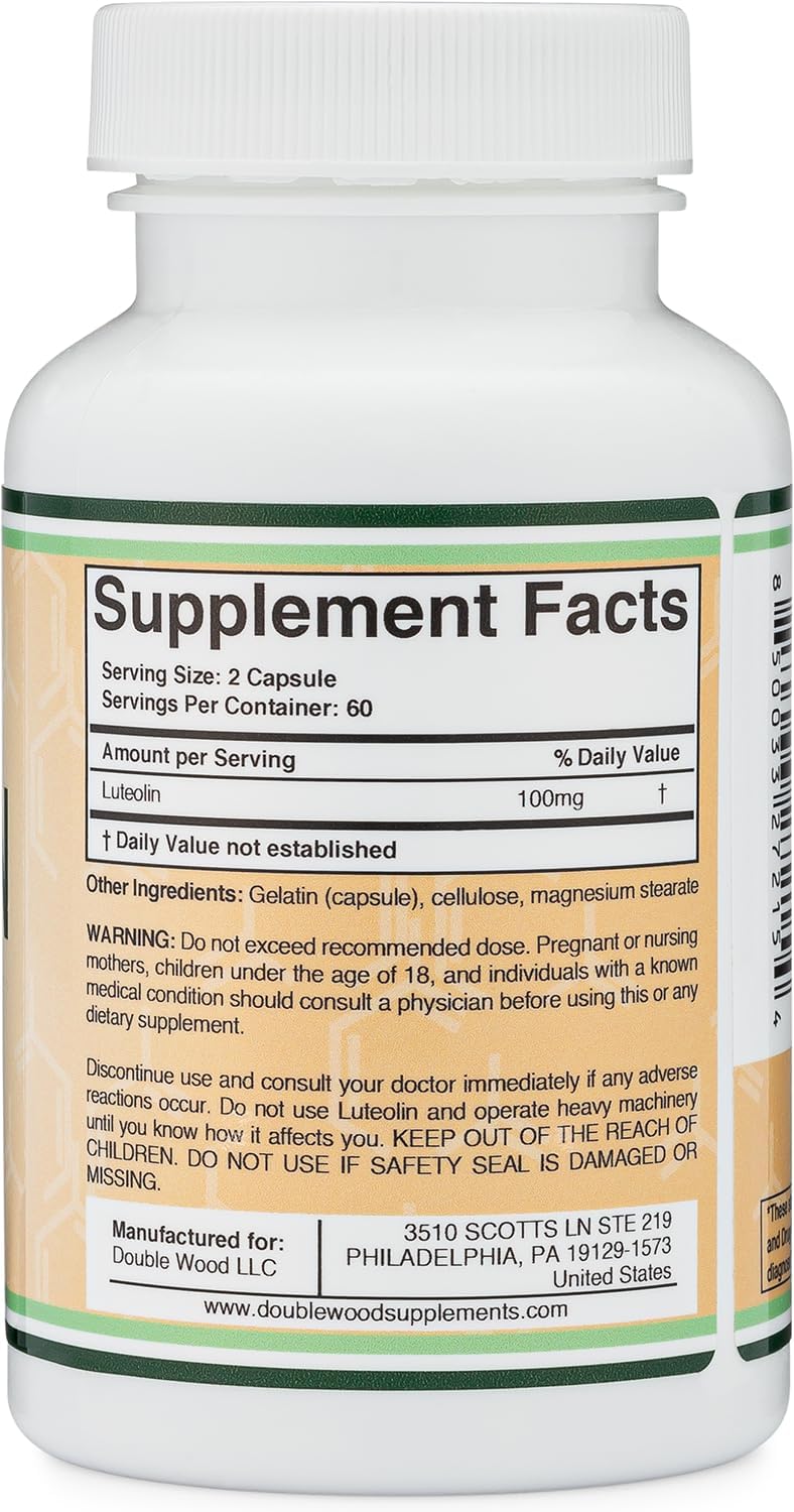 Double Wood Luteolin bottle label highlighting gluten-free formulation.