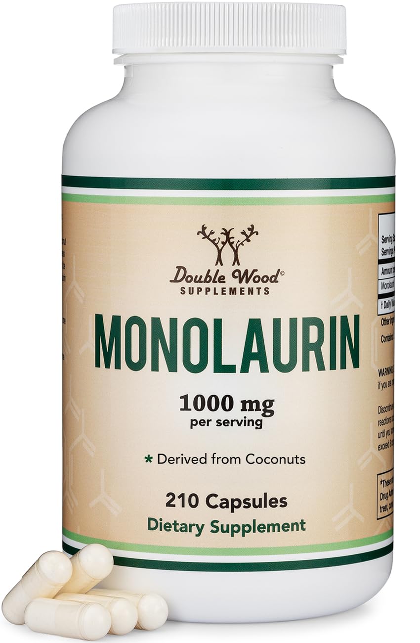 Double Wood Monolaurin bottle close-up highlighting 1000 mg serving for daily immune support