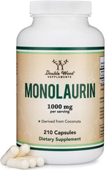 Double Wood Monolaurin bottle close-up highlighting 1000 mg serving for daily immune support