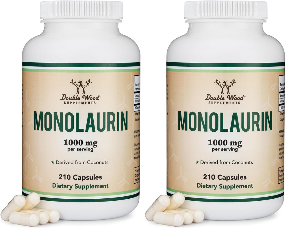 Double Wood Monolaurin bottle close-up for immune support.