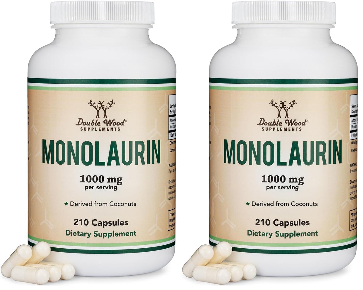 Double Wood Monolaurin bottle close-up for immune support.