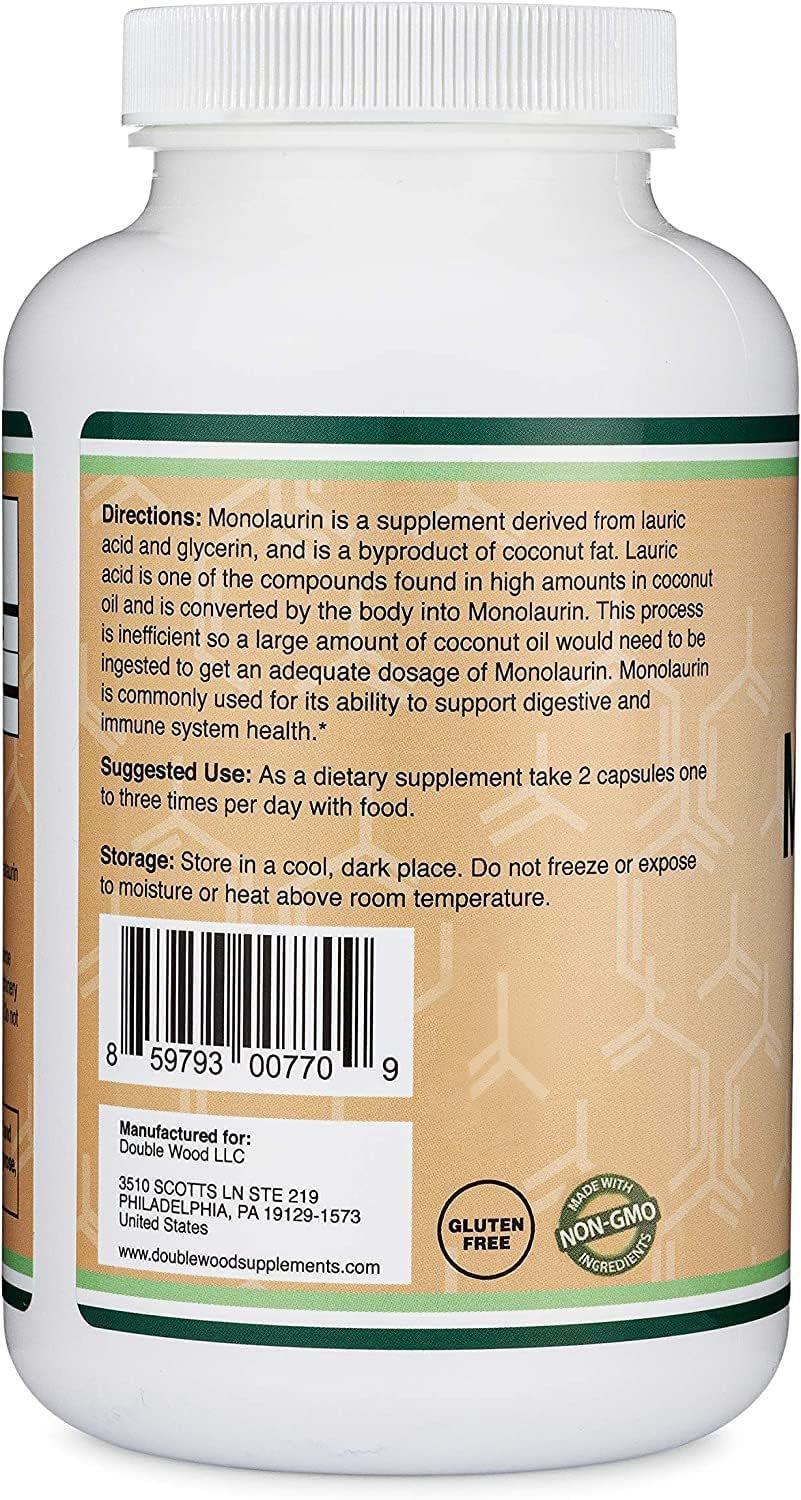 Double Wood Monolaurin label emphasizing coconut derived ingredients
