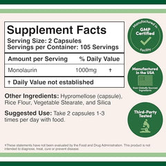 Close-up of Double Wood Monolaurin label highlighting 1,000 mg per serving.
