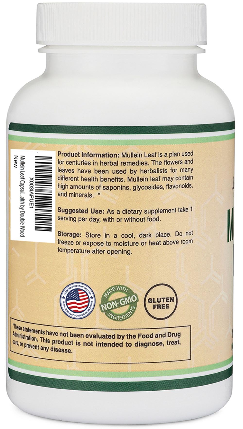 Double Wood Mullein Leaf bottle displaying 1000 mg per serving and a three-month supply for consistent use.